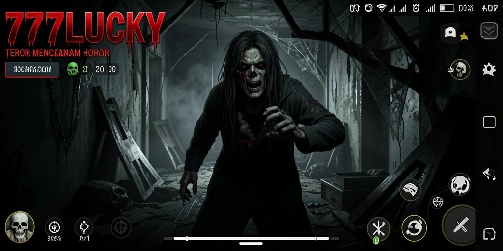 Tampilan gameplay menegangkan dari 777LUCKY saat karakter menghadapi makhluk menyeramkan.