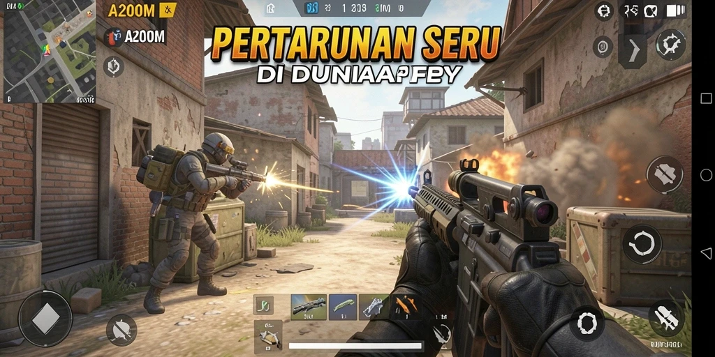 Screenshot utama A200M menampilkan aksi seru di medan perang FPS.