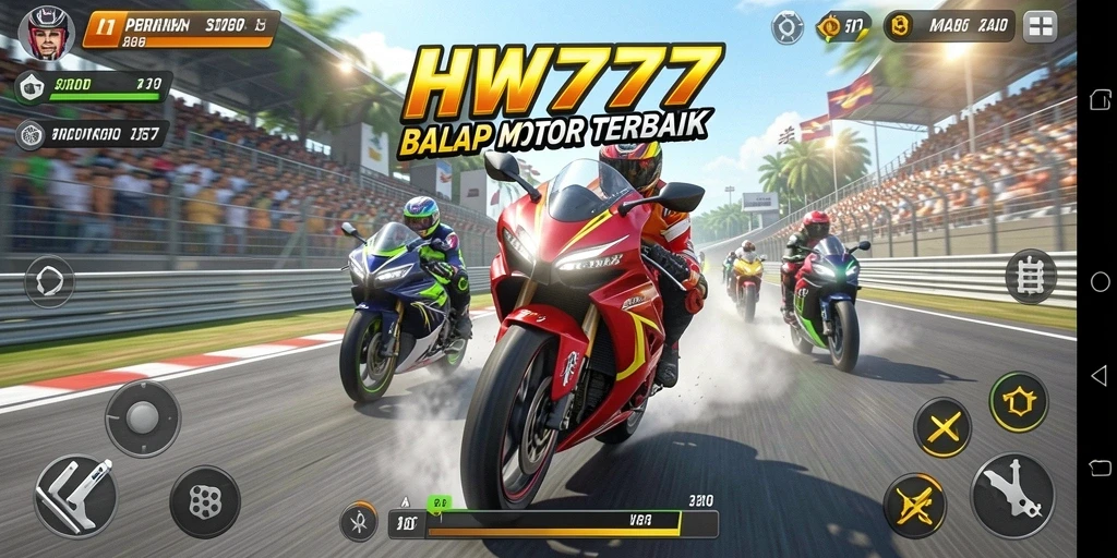 Screenshot HW777 menampilkan aksi balap motor yang mendebarkan.
