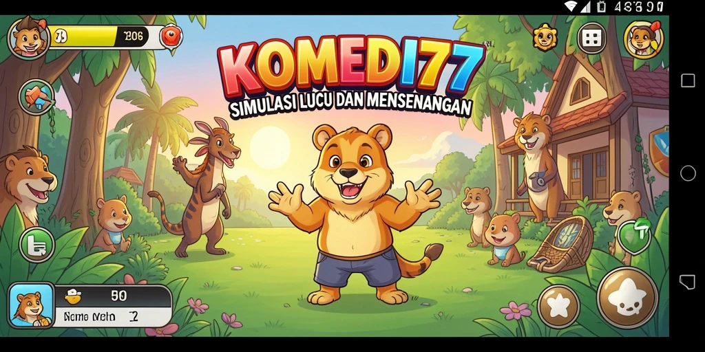 Tampilan gameplay <strong>KOMEDI77</strong> yang seru dengan karakter lucu dan situasi unik.