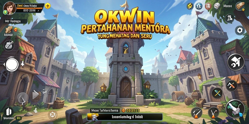 Tampilan gameplay utama OKWIN dengan menara menarik dan strategi pertahanan.