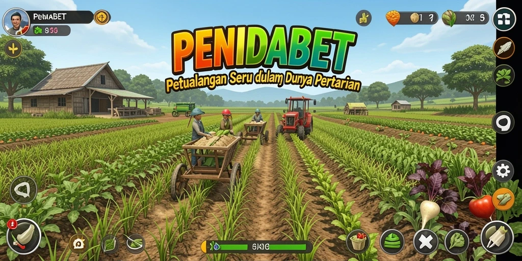 Screenshot gameplay PENIDABET menampilkan ladang yang subur dan hewan ternak.